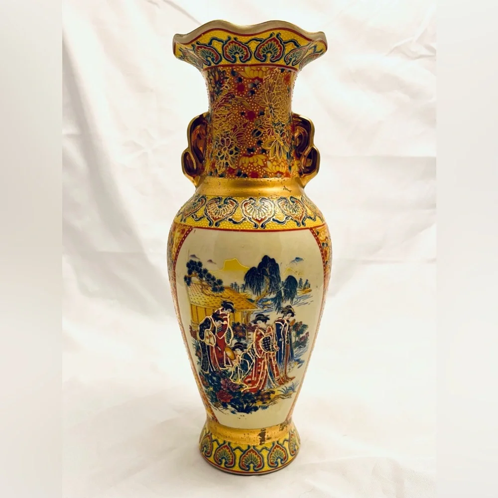 Japanese Satsuma-Style Porcelain Vase, Peacock with Moriage, Vintage EUC